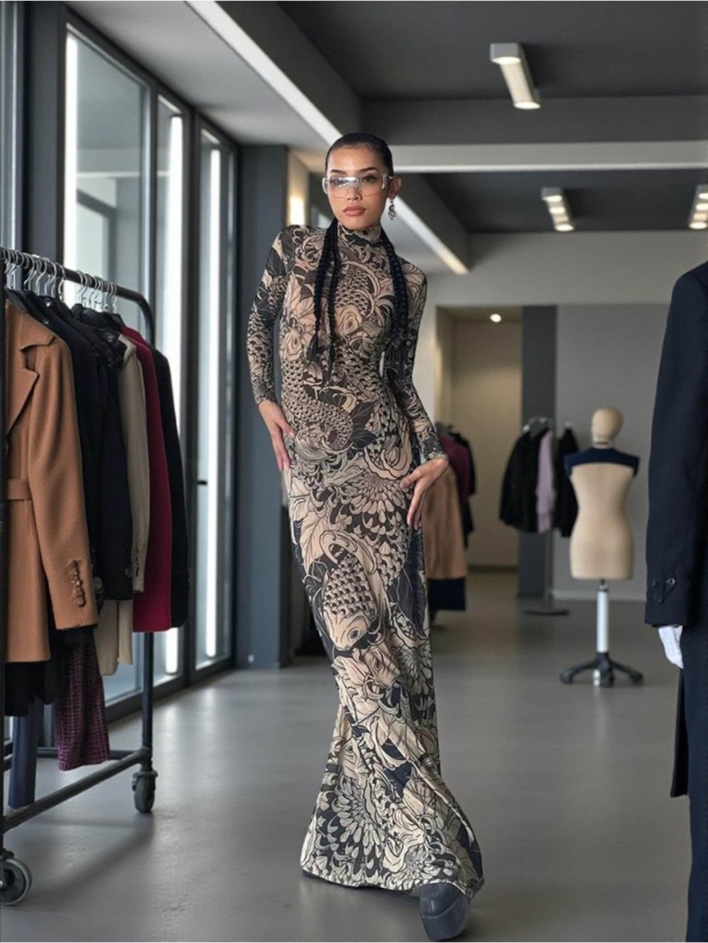 High Neck Long Sleeve Koi Print Sheer Mesh Bodycon
Maxi Dress Small *G* - Picture 1 of 9